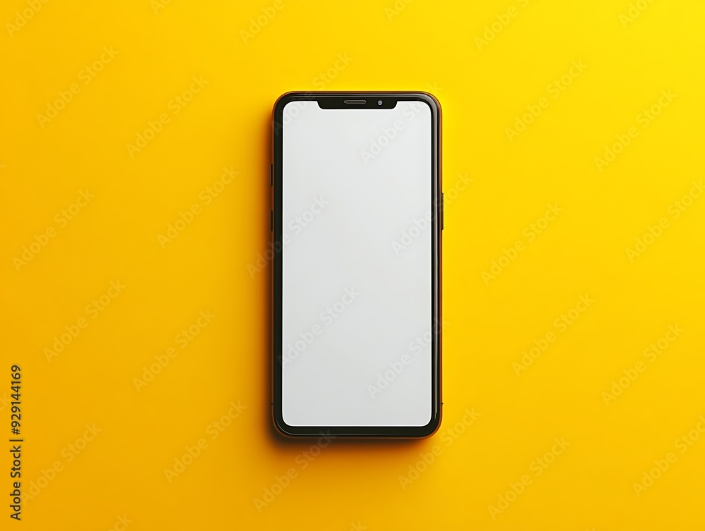 A modern smartphone with a sleek black frame and a blank white screen is displayed against a vibrant yellow background. The phone is centered and viewed from above, emphasizing its minimalist design A modern smartphone with a sleek black frame and a blank white screen is displayed against a vibrant yellow background. The phone is centered and viewed from above, emphasizing its minimalist design