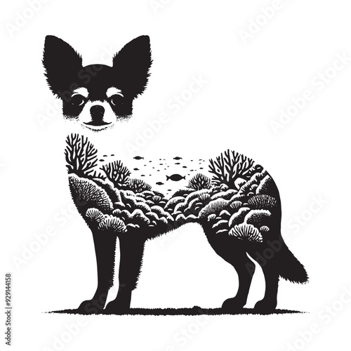 silhouette of chihuahua, filled with underwater view with coral in rough drawing,
