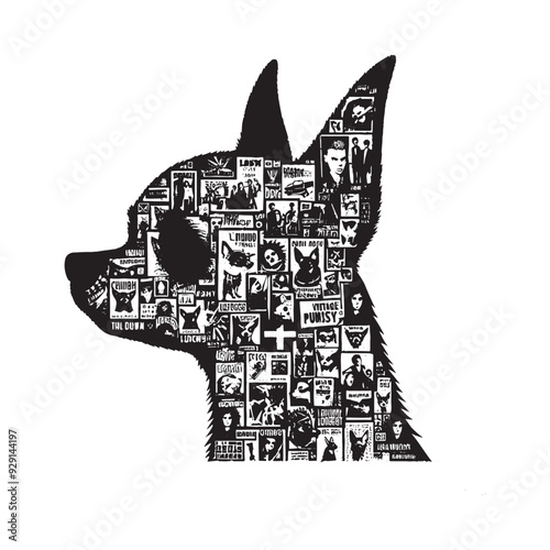 silhouette of chihuahua, filled with vintage punk's poster collage wall in rough drawing,