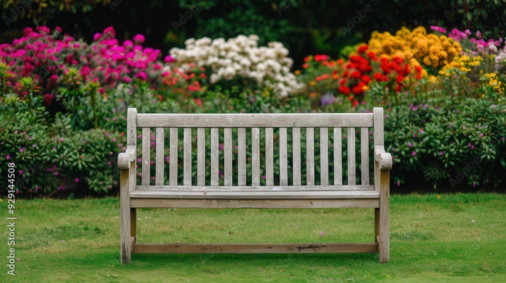 Wooden bench in a vibrant grassy field surrounded by colorful blooms, inviting relaxation in a serene natural landscape, perfect for quiet reflection or enjoying nature's beauty Wooden bench in a vibrant grassy field surrounded by colorful blooms, inviting relaxation in a serene natural landscape, perfect for quiet reflection or enjoying nature's beauty