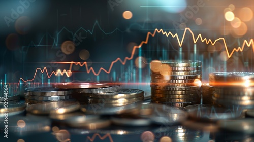A collection of coins with financial graphs and data visualization in the background.