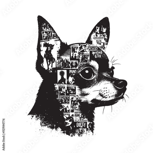 silhouette of chihuahua, filled with vintage punk's poster collage wall in rough drawing,