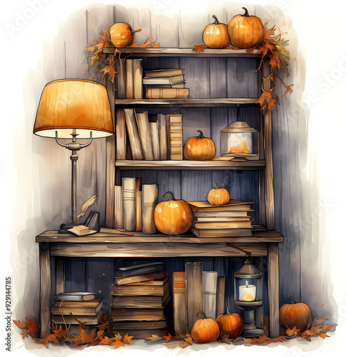 A rustic wooden bookshelf filled with books and decorated with autumn leaves, exuding cozy seasonal charm. Perfect for wallpapers, backgrounds