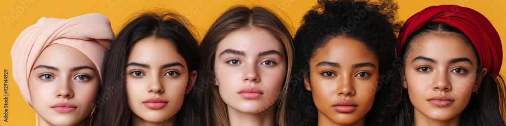 A group of women with different hair colors and styles are standing next to each other. Concept of unity and diversity, as each woman has her own unique appearance A group of women with different hair colors and styles are standing next to each other. Concept of unity and diversity, as each woman has her own unique appearance