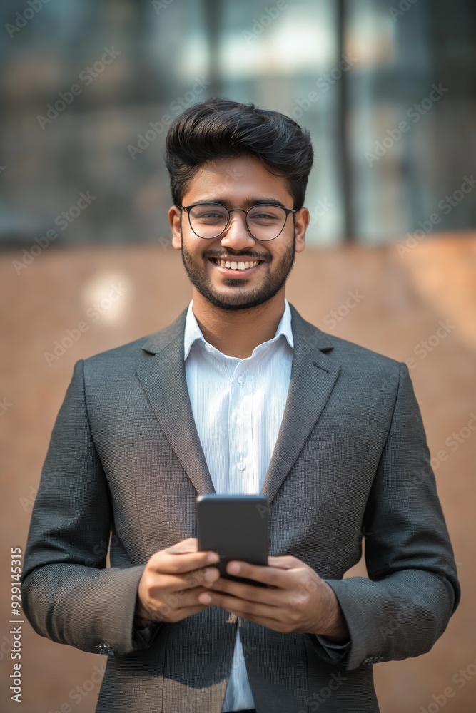 A man in a suit holding a cell phone with a smile on his face. Concept of happiness and contentment, as the man is enjoying his time while using his phone A man in a suit holding a cell phone with a smile on his face. Concept of happiness and contentment, as the man is enjoying his time while using his phone