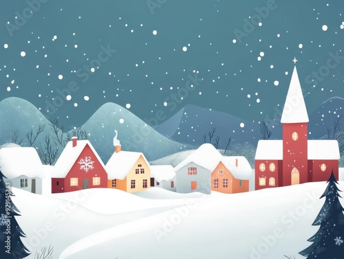 Snowy village at Christmas, peaceful monochromatic background, flat design illustration