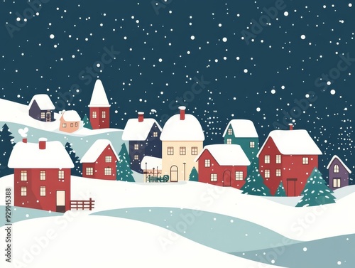 Wallpaper Mural Snowy village at Christmas, peaceful monochromatic background, flat design illustration Torontodigital.ca