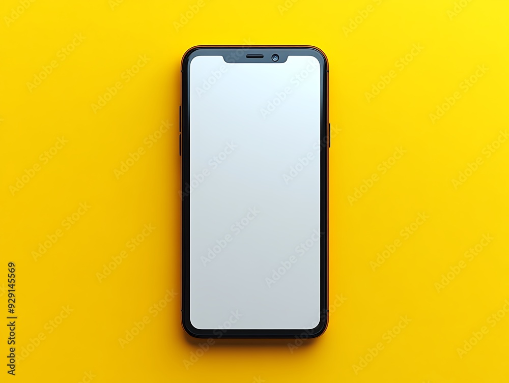 A modern smartphone with a sleek black frame and a blank white screen is displayed against a vibrant yellow background. The phone is centered and viewed from above, emphasizing its minimalist design A modern smartphone with a sleek black frame and a blank white screen is displayed against a vibrant yellow background. The phone is centered and viewed from above, emphasizing its minimalist design