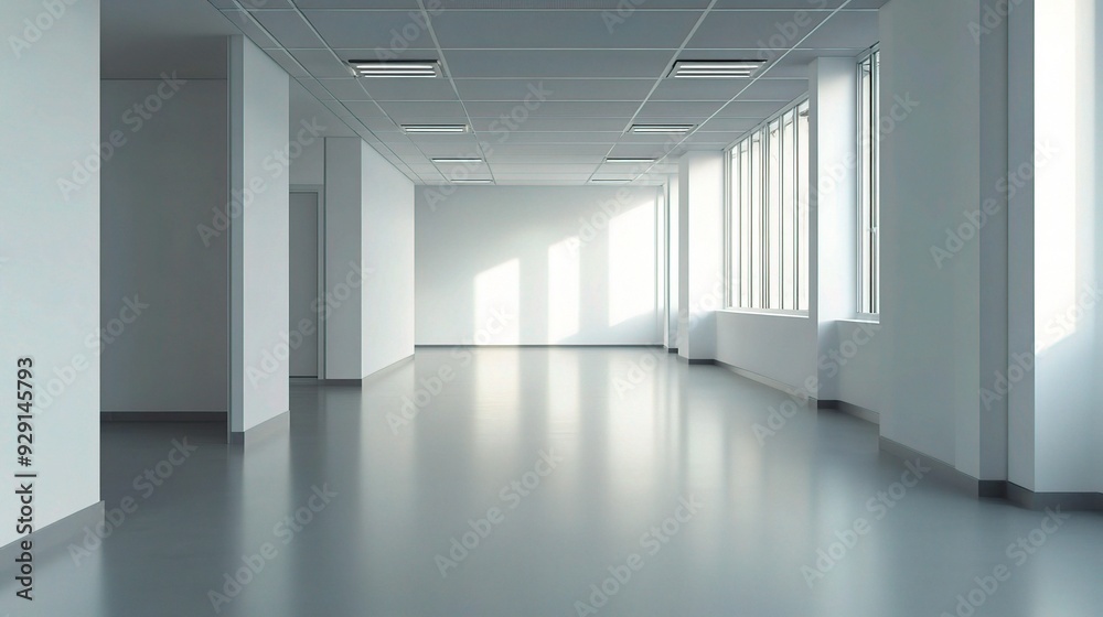 Fototapeta premium Empty Office Potential: A sunlit, spacious open plan office awaits its occupants, emanating a sense of possibility and promise. 