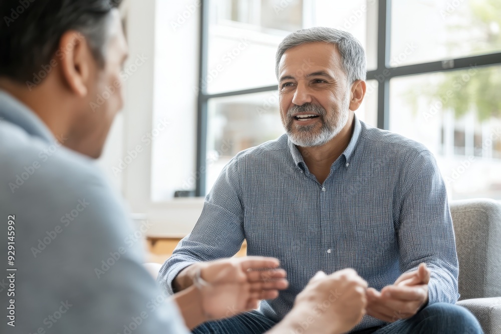 Fototapeta premium Elderly man participating in a lively language exchange program, chatting with a partner in a well-lit room