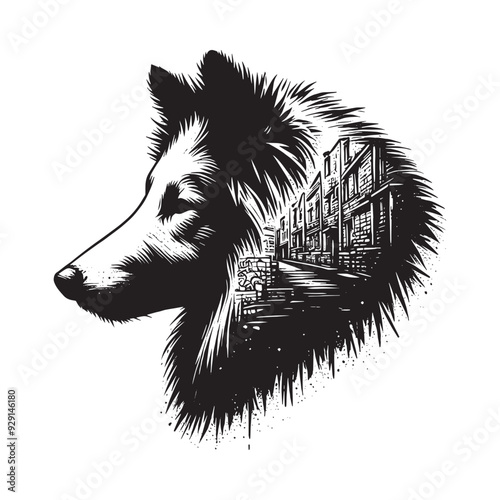 silhouette of collie, filled with ghetto street in rough drawing,