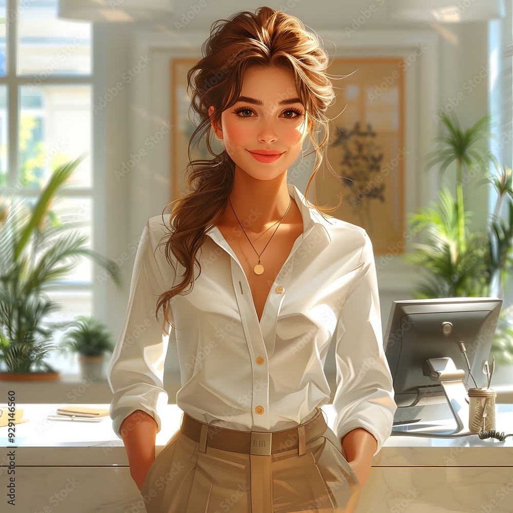 Poised and Professional Receptionist Welcoming Visitors in Modern Office Lobby Poised and Professional Receptionist Welcoming Visitors in Modern Office Lobby