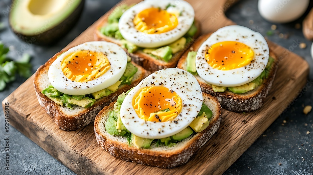 a close-up of four open-faced sandwiches with avocado and boiled eggs. a close-up of four open-faced sandwiches with avocado and boiled eggs.