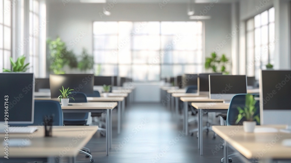 Modern Office Interior: A minimalist and sleek workspace with rows of desks, computers, and large windows, evoking a sense of professionalism and productivity. Modern Office Interior: A minimalist and sleek workspace with rows of desks, computers, and large windows, evoking a sense of professionalism and productivity.