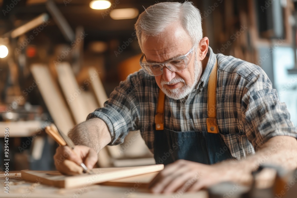 Focused Senior Carpenter in Woodworking Class Creating Masterpiece, Medium Shot Focused Senior Carpenter in Woodworking Class Creating Masterpiece, Medium Shot