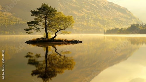 Fototapeta Naklejka Na Ścianę i Meble -  A single tree standing on an island in a still lake at dawn. AI generated images.