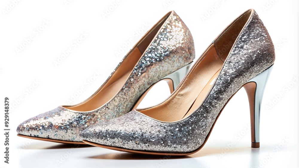 Obraz premium Sparkling glitter accents adorn sleek high heels, adding luxurious glamour to a fashion statement, perfect for a night out or special occasion celebration.
