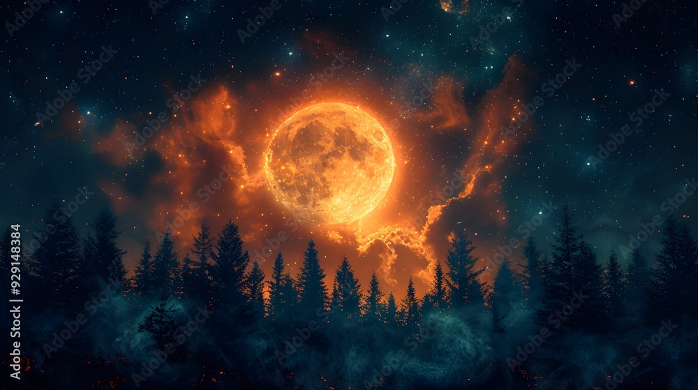 Captivating Celestial Nightscape with Silhouetted Forest