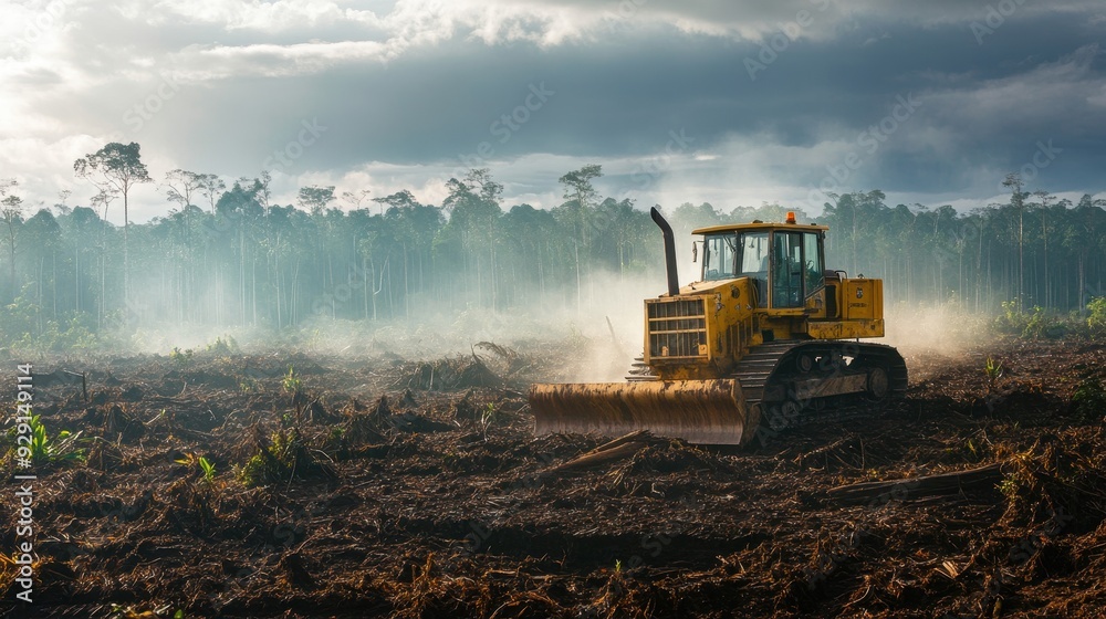A bulldozer works on deforestation in a tropical forest, creating smoke and clearing land for potential development A bulldozer works on deforestation in a tropical forest, creating smoke and clearing land for potential development