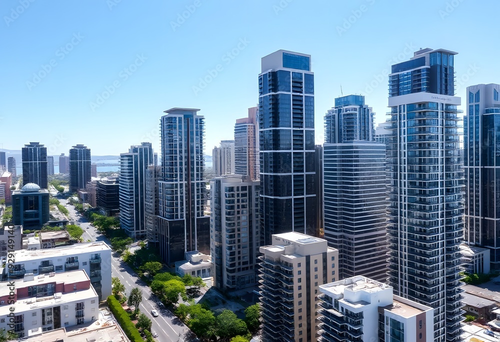 Fototapeta premium A cityscape with tall modern skyscrapers and buildings against a clear blue sky