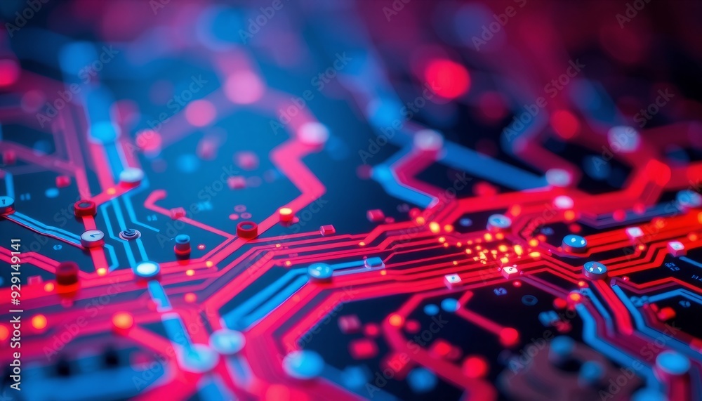 close-up of a circuit board with vivid red and blue data pathways interconnected nodes glowing against a dark background creating a complex and energetic network close-up of a circuit board with vivid red and blue data pathways interconnected nodes glowing against a dark background creating a complex and energetic network