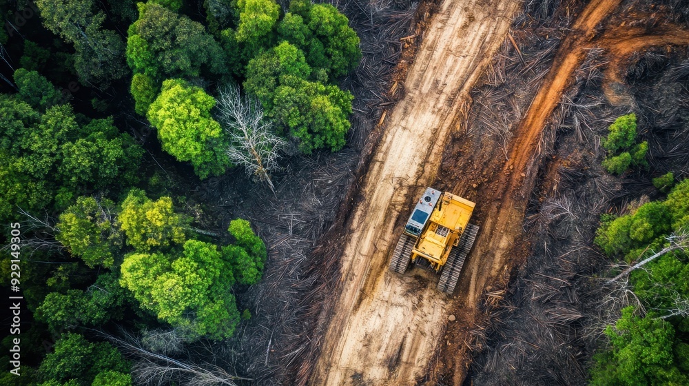 A massive yellow machine is seen clearing trees in a forested area A massive yellow machine is seen clearing trees in a forested area