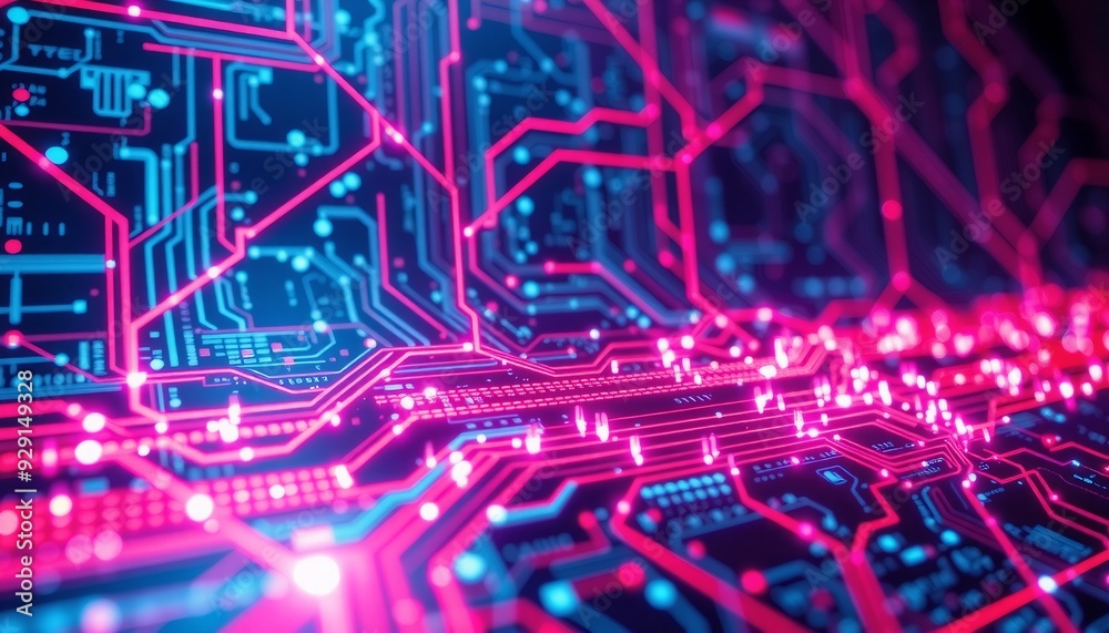 high-tech circuit board with shimmering red and purple data trails interconnected nodes and bright pathways forming a complex and visually striking network high-tech circuit board with shimmering red and purple data trails interconnected nodes and bright pathways forming a complex and visually striking network