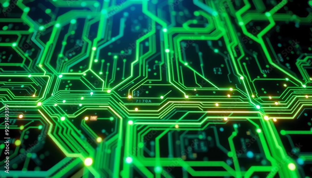 dark circuit board with neon green and blue data pathways intricate network of glowing nodes and intersecting lines creating a vibrant and dynamic representation of data tran dark circuit board with neon green and blue data pathways intricate network of glowing nodes and intersecting lines creating a vibrant and dynamic representation of data tran