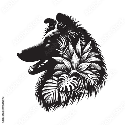 silhouette of collie, filled with tropical plant in the jungle in rough drawing,