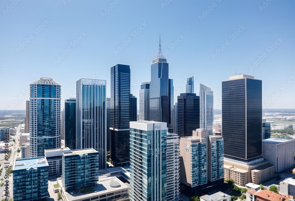 A cityscape with tall modern skyscrapers and buildings against a clear blue sky A cityscape with tall modern skyscrapers and buildings against a clear blue sky