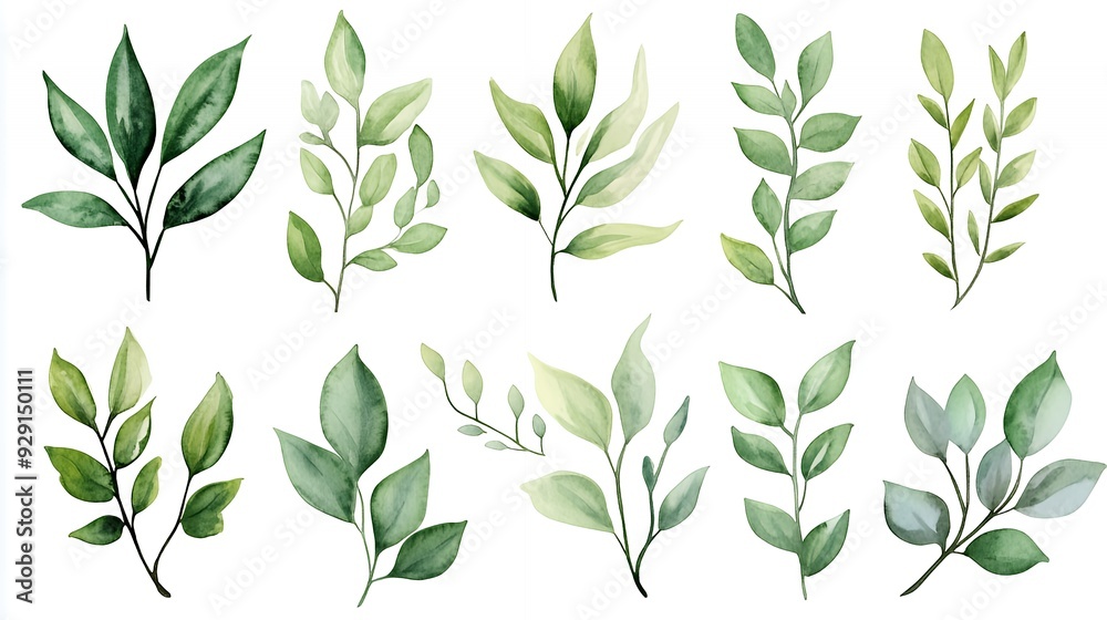 A collection of watercolor leaves in various shapes and shades of green. A collection of watercolor leaves in various shapes and shades of green.