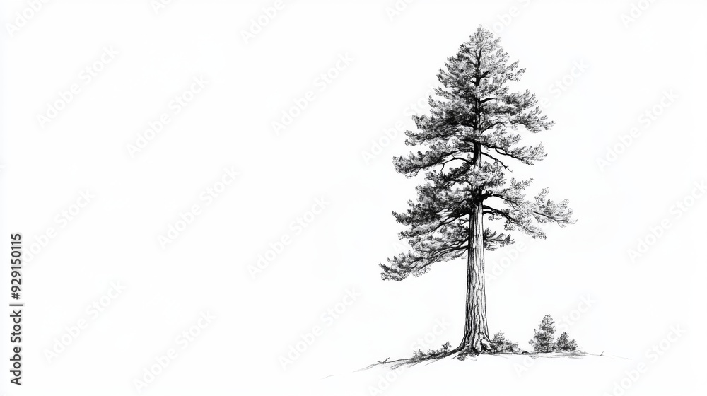 Monochrome drawing of a solitary pine tree, depicting its detailed branches and textures, symbolizing solitude, stability, and the enduring, resilient spirit of nature. Monochrome drawing of a solitary pine tree, depicting its detailed branches and textures, symbolizing solitude, stability, and the enduring, resilient spirit of nature.