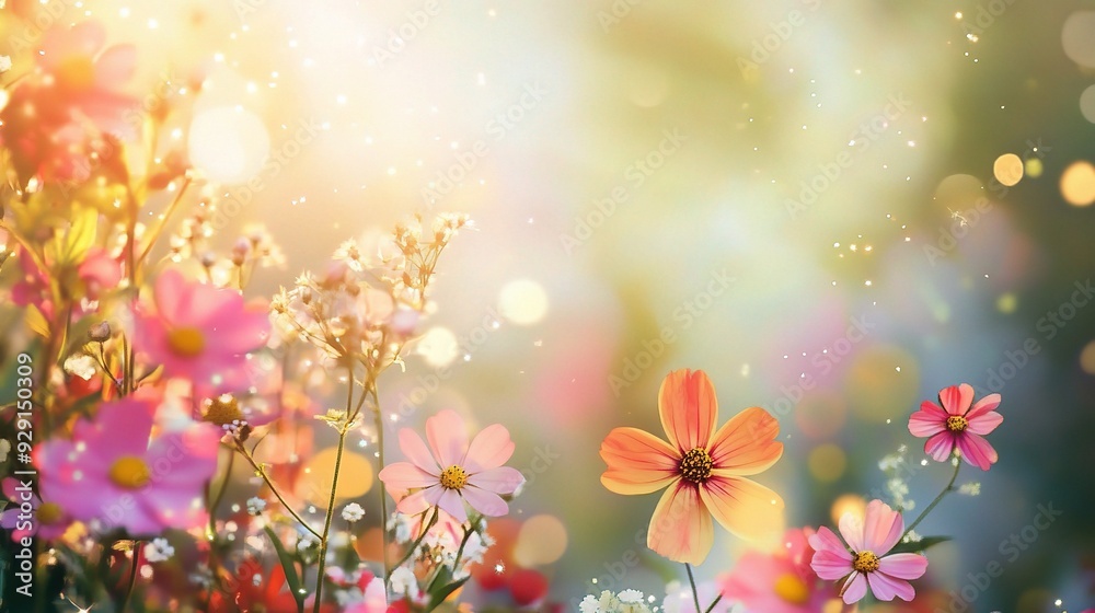Springtime Bloom: A vibrant meadow of pink and orange flowers bask in the golden glow of the rising sun, creating a magical and enchanting scene. Springtime Bloom: A vibrant meadow of pink and orange flowers bask in the golden glow of the rising sun, creating a magical and enchanting scene.