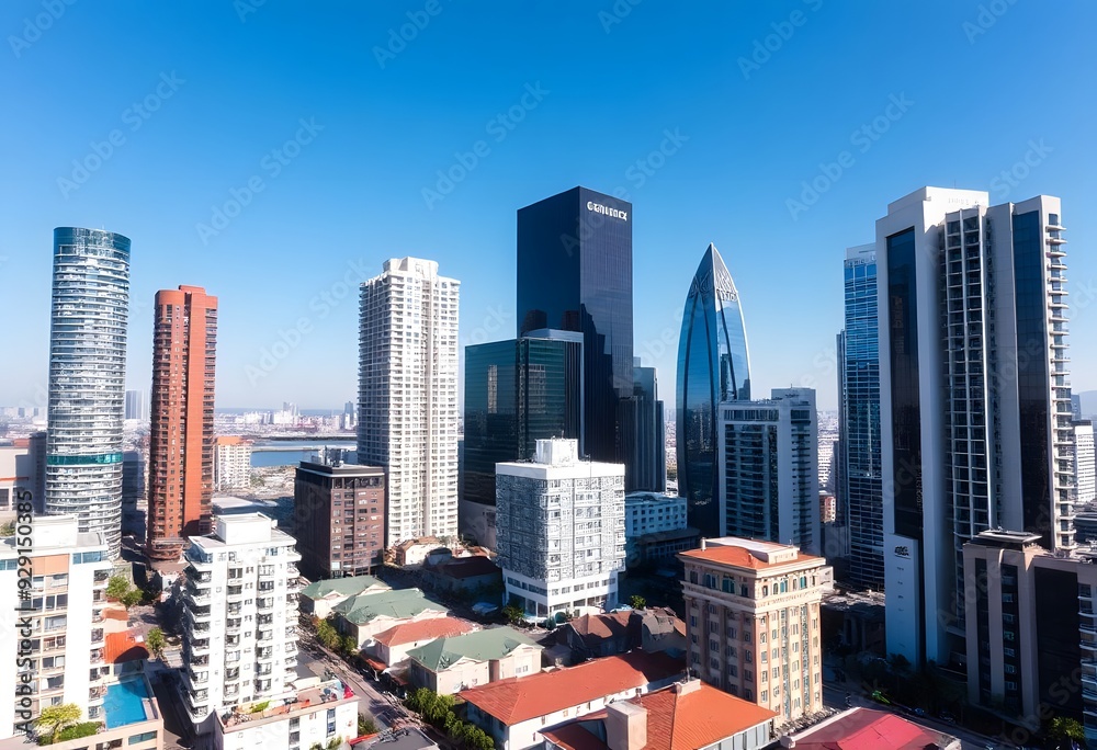 Fototapeta A cityscape with tall modern skyscrapers and buildings against a clear blue sky