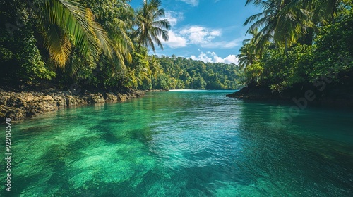 Emerald Serenity: A secluded cove beckons with crystal-clear turquoise waters, framed by lush tropical foliage and a cerulean sky.   photo