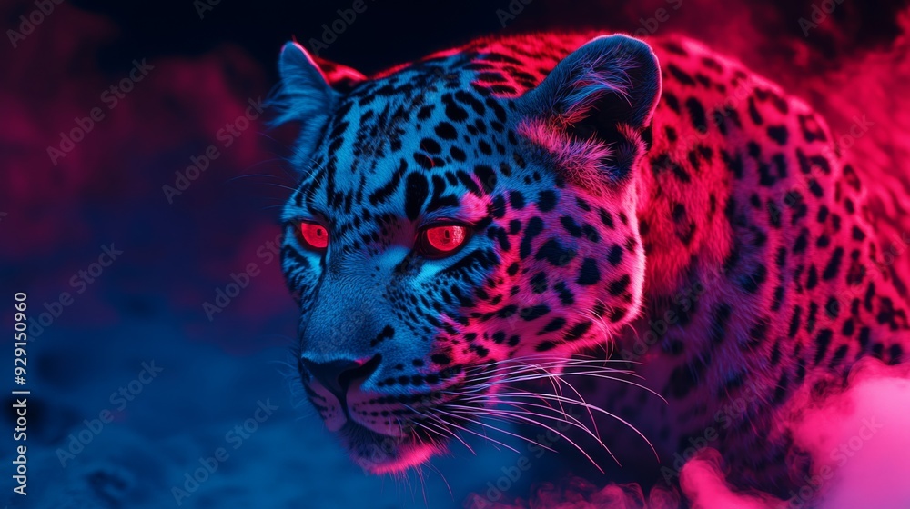 A leopard prowling with glowing red eyes, featuring dramatic red and blue lighting effects that add to its fierce and determined demeanor in a captivating scene. A leopard prowling with glowing red eyes, featuring dramatic red and blue lighting effects that add to its fierce and determined demeanor in a captivating scene.