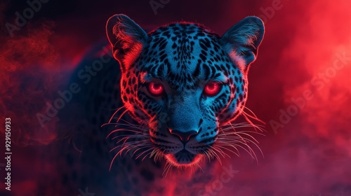 A leopard with glowing red eyes stares intently ahead, bathed in a striking blend of red and blue lighting, creating a sense of mystery and intensity.