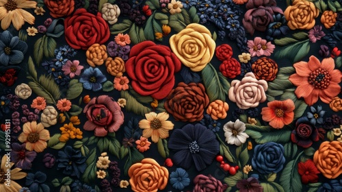 This vibrant image features an assortment of beautifully embroidered flowers meticulously arranged against a dark fabric, showcasing a rich tapestry of colors and craftsmanship.