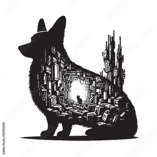 silhouette of Corgi, filled with destroyed futuristic dystopia environment in rough drawing,