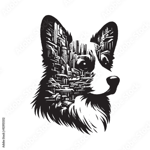 silhouette of Corgi, filled with destroyed futuristic dystopia environment in rough drawing,