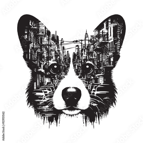 silhouette of Corgi, filled with ghetto street in rough drawing,