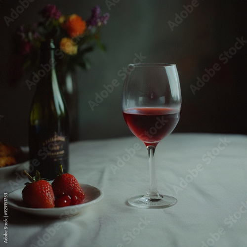 Gourmet Dining Setting with a Premium Wine Glass and Red Wine