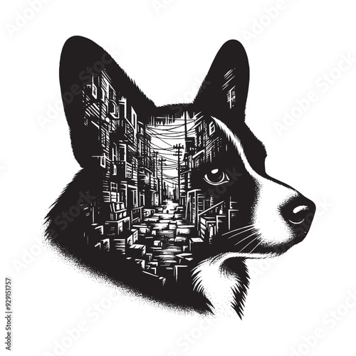 silhouette of Corgi, filled with ghetto street in rough drawing,
