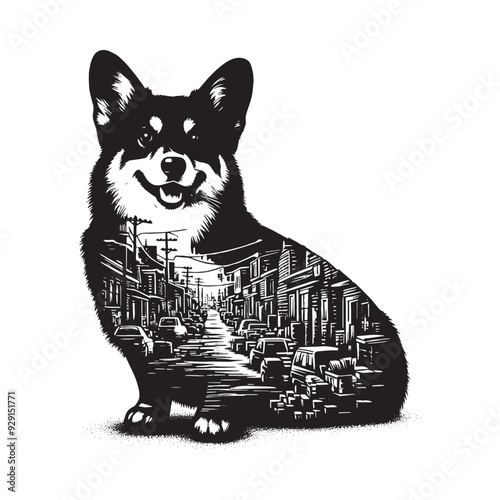 silhouette of Corgi, filled with ghetto street in rough drawing,