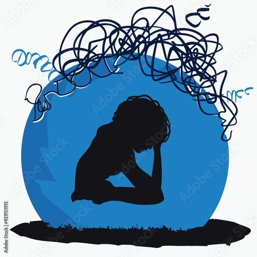 The image depicts an abstract illustration of a person curled up inside a blue silhouette