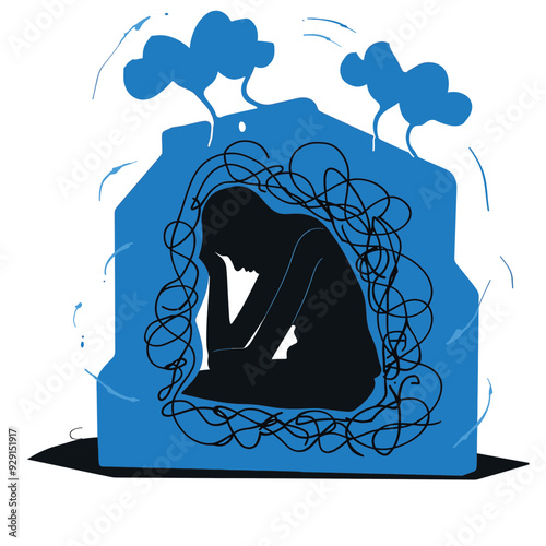 The image depicts an abstract illustration of a person curled up inside a blue silhouette