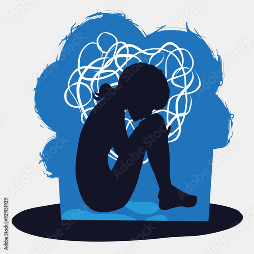 The image depicts an abstract illustration of a person curled up inside a blue silhouette
