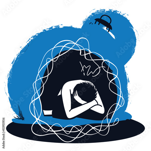 The image depicts an abstract illustration of a person curled up inside a blue silhouette