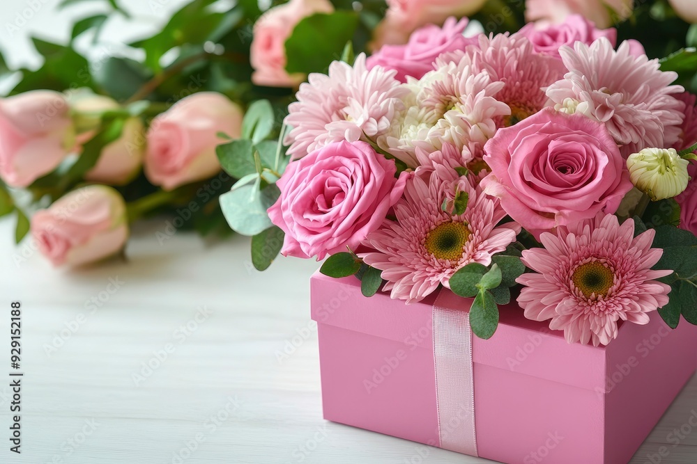 Beautiful bouquet of rose and chrysanthemums flowers and pink gift box on white table background. Gift for holiday, birthday, Wedding, Mother's Day, Valentine's day, Women's Day. with generative ai Beautiful bouquet of rose and chrysanthemums flowers and pink gift box on white table background. Gift for holiday, birthday, Wedding, Mother's Day, Valentine's day, Women's Day. with generative ai