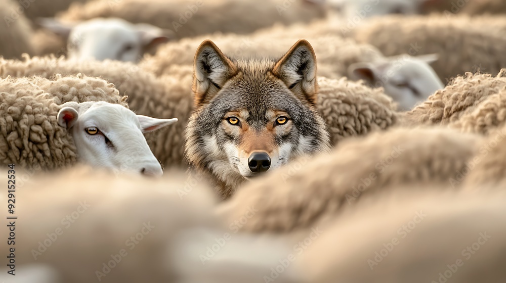 Obraz premium wolf in the middle of a flock of sheep.